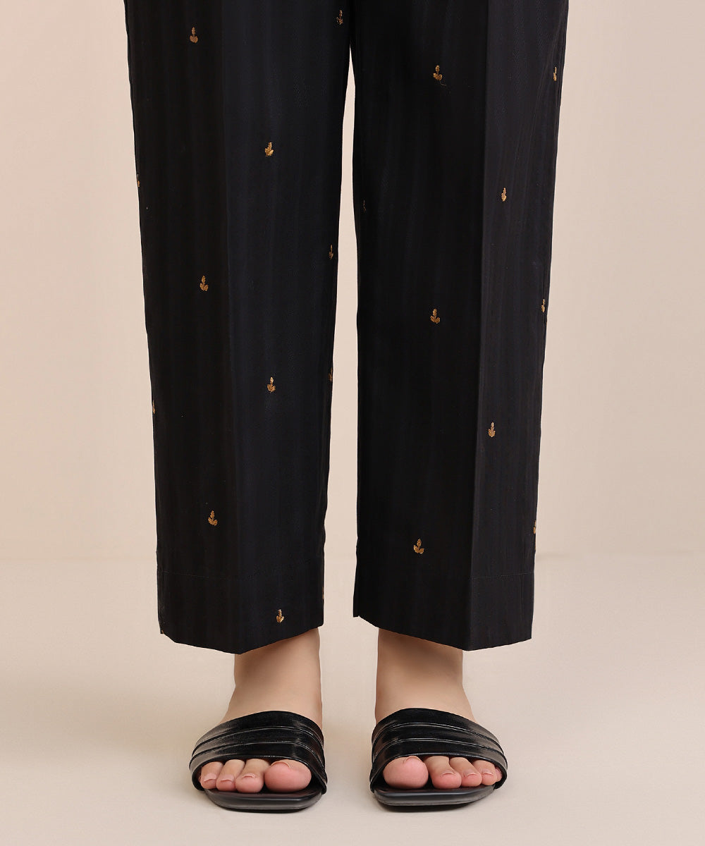 Women's Pret Dobby Black Solid Embroidered Straight Pants