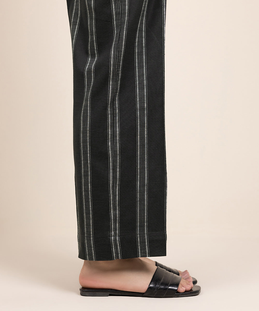 Women's Pret Yarn Dyed Cotton Solid Black Straight Pants