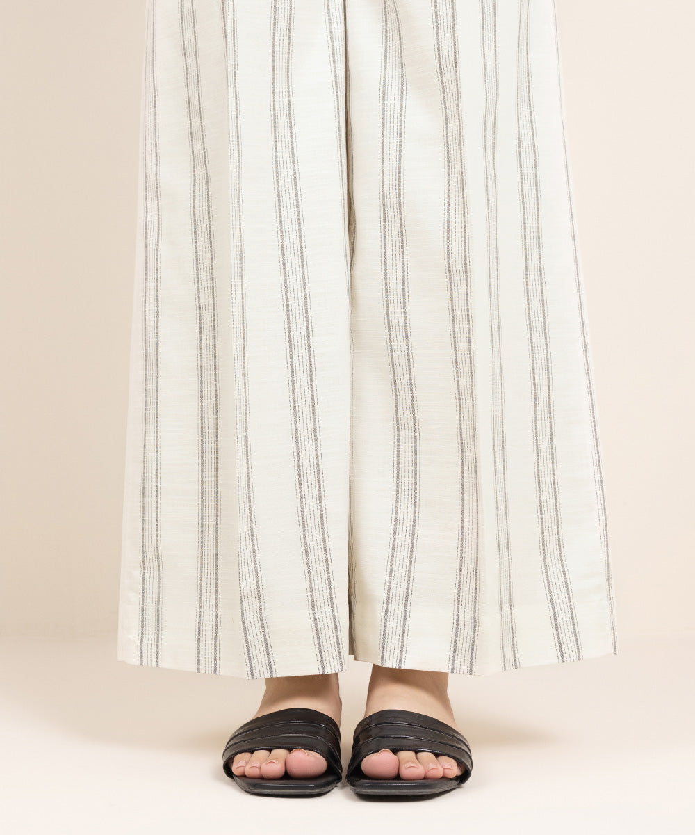 Women's Pret Yarn Dyed Cotton Solid Off White Culottes