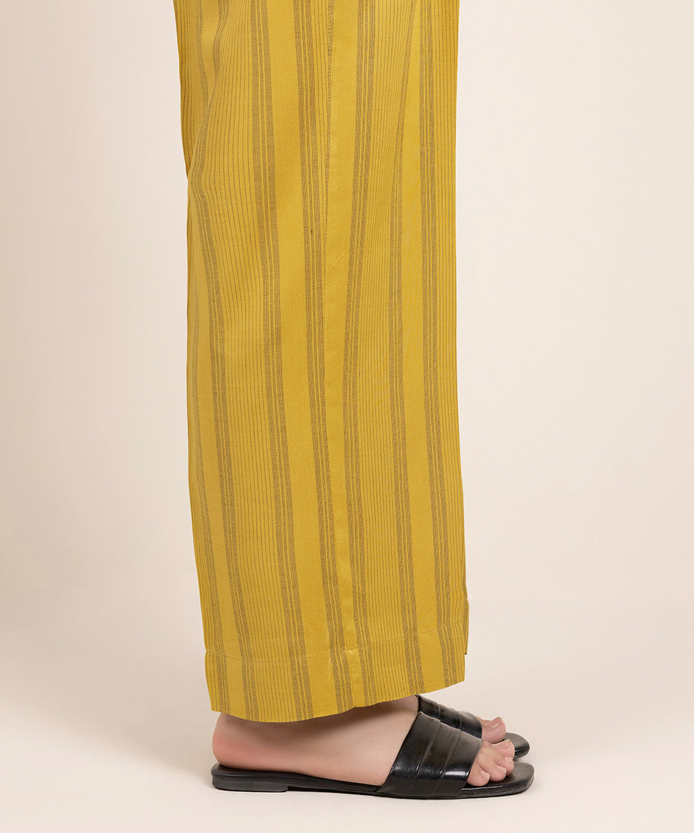 Women's Pret Yarn Dyed Cotton Solid Yellow Straight Pants