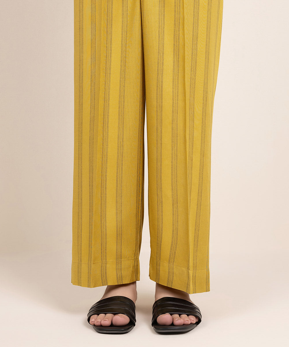 Women's Pret Yarn Dyed Cotton Solid Yellow Straight Pants