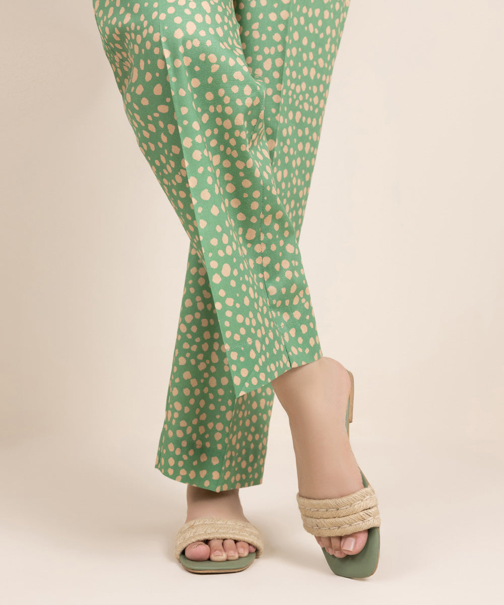 Women's Pret Cambric Printed Green Straight Pants