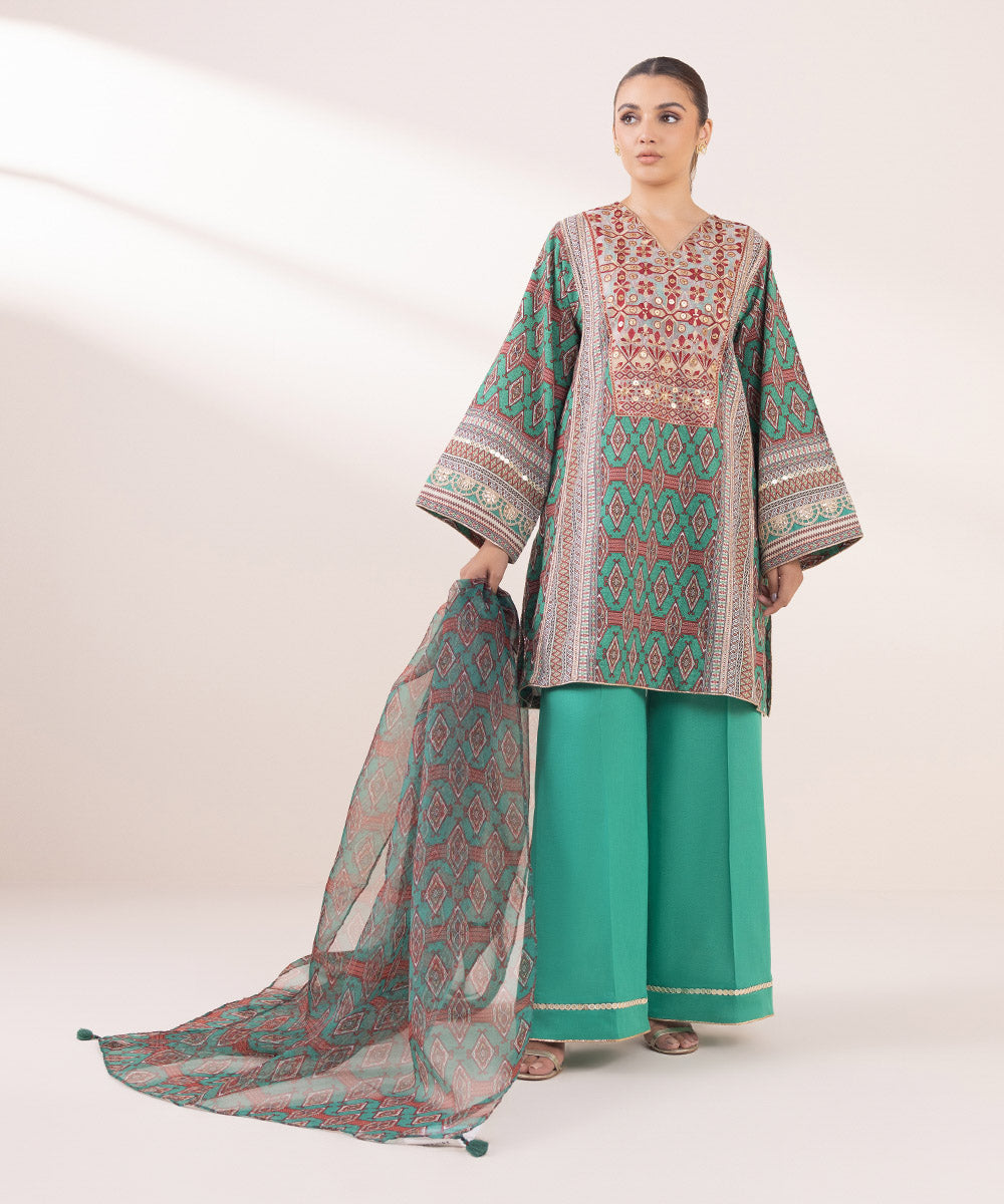 Blended Organza Green Printed Dupatta