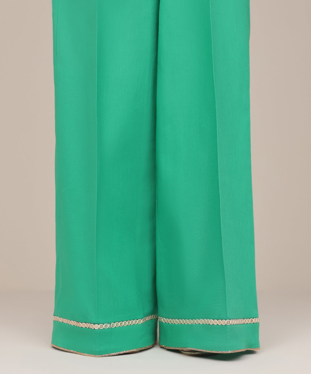 Women's Pret Khaddar Green Solid Flared Pants