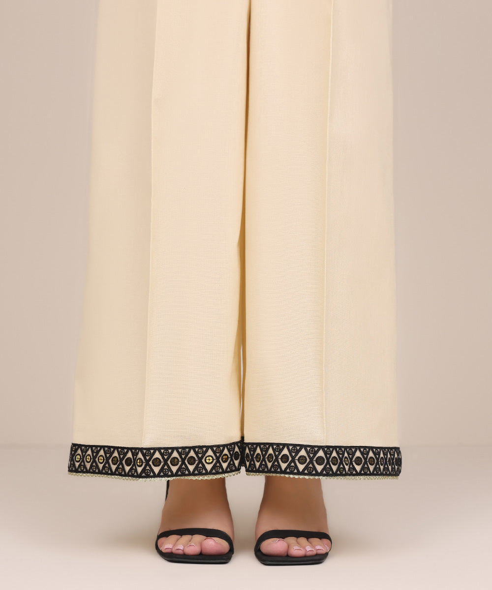 Women's Pret Khaddar Off White Embroidered Flared Pants