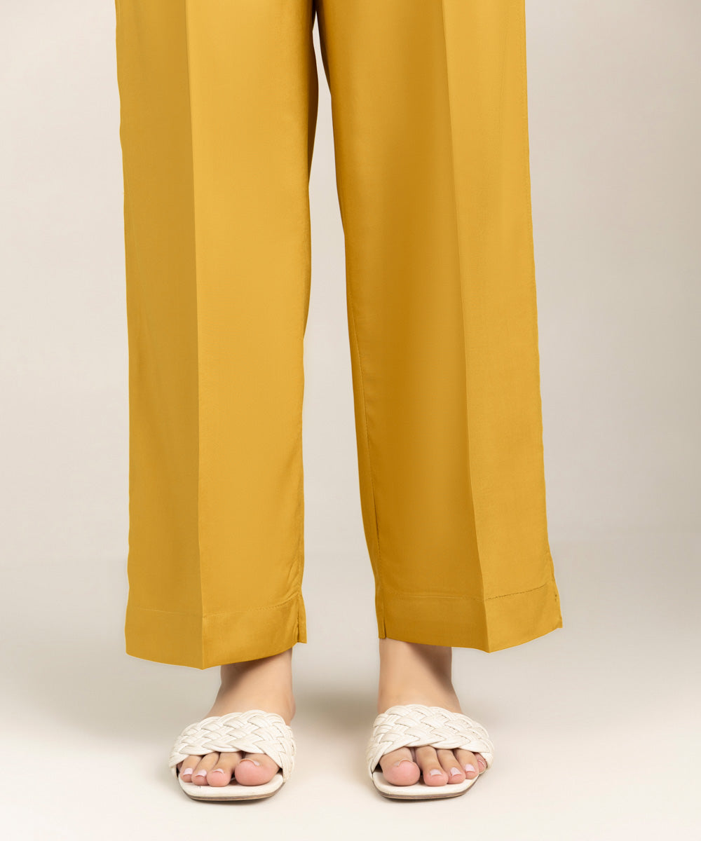 Women's Pret Cotton Viscose Yellow Solid Straight Pants