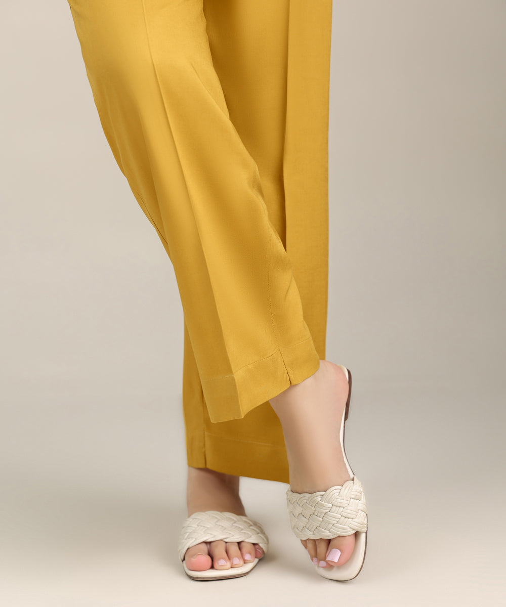 Women's Pret Cotton Viscose Yellow Solid Straight Pants