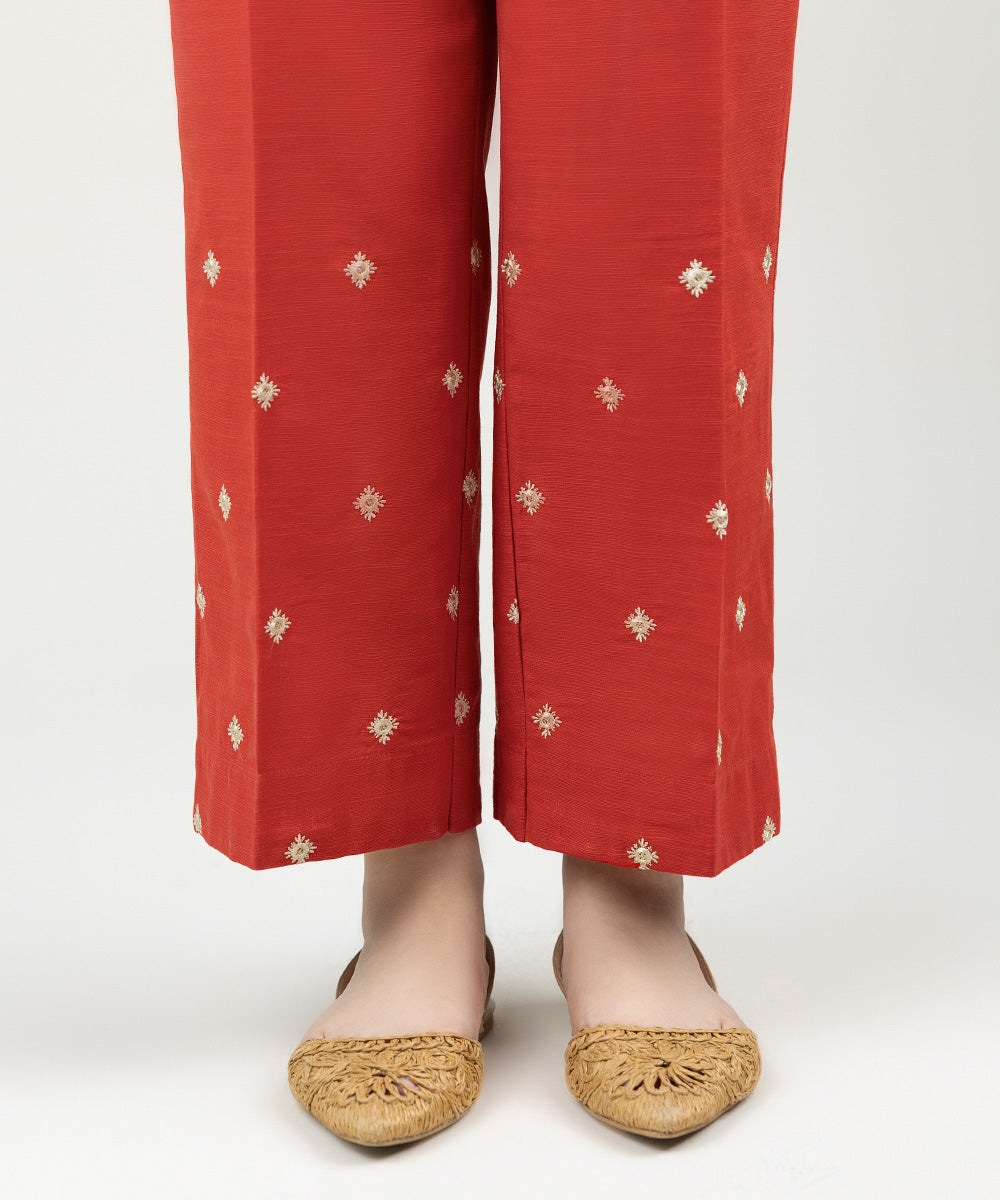 Women's Pret Khaddar Embroidered Orange Red Straight Pants