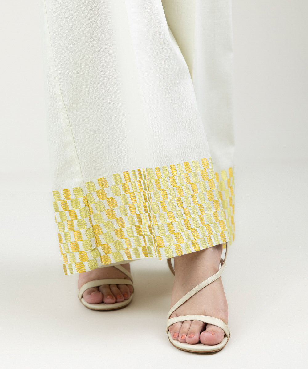 Women's Pret Khaddar Embroidered Off White Flared Pants