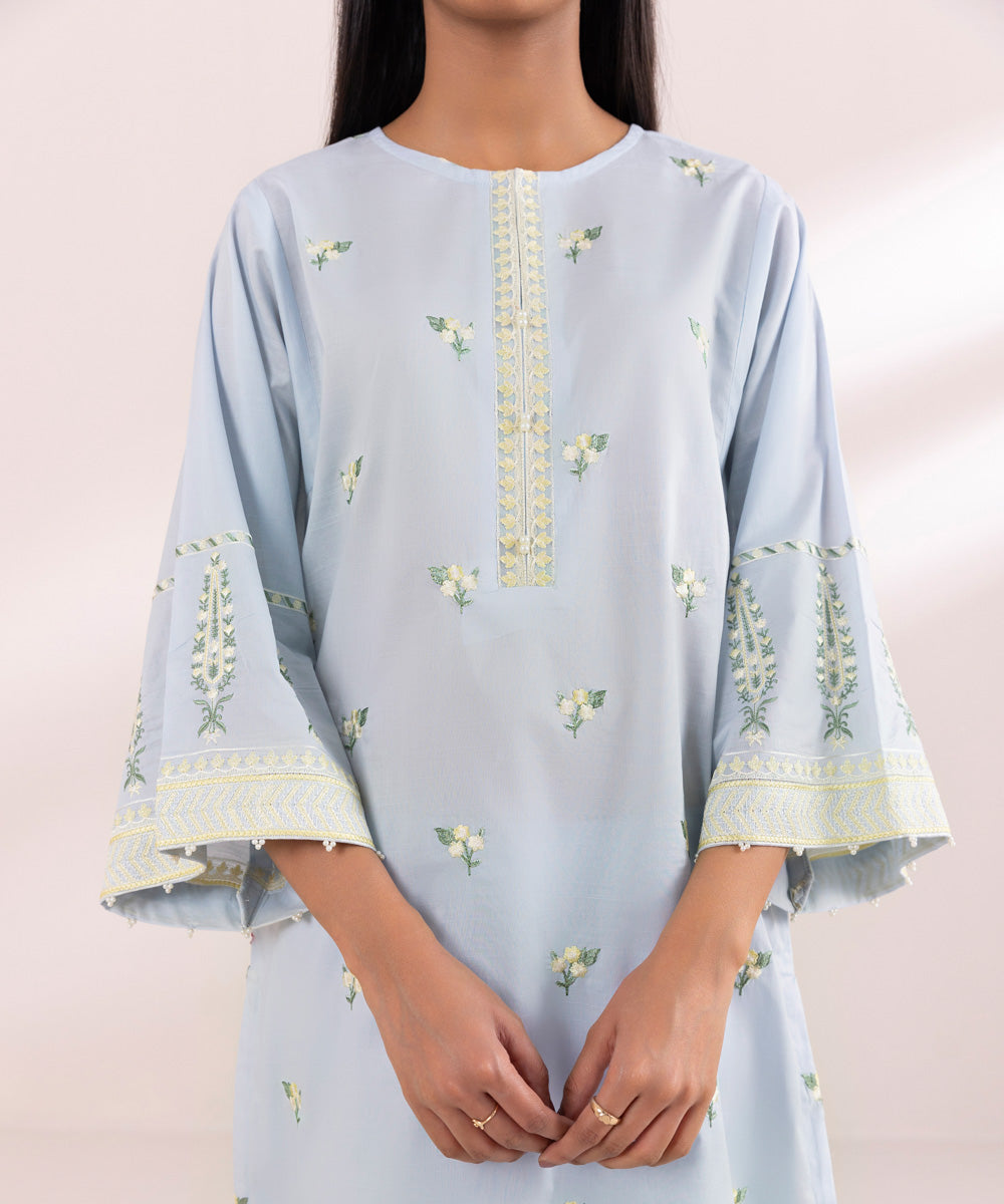 Women's Pret Textured Lawn Blue Solid Embroidered Straight Shirt