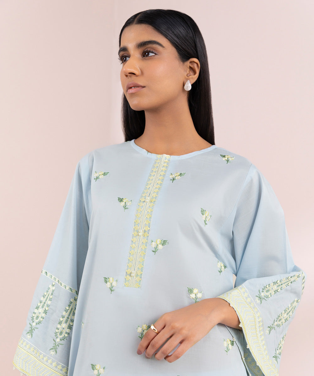 Women's Pret Textured Lawn Blue Solid Embroidered Straight Shirt