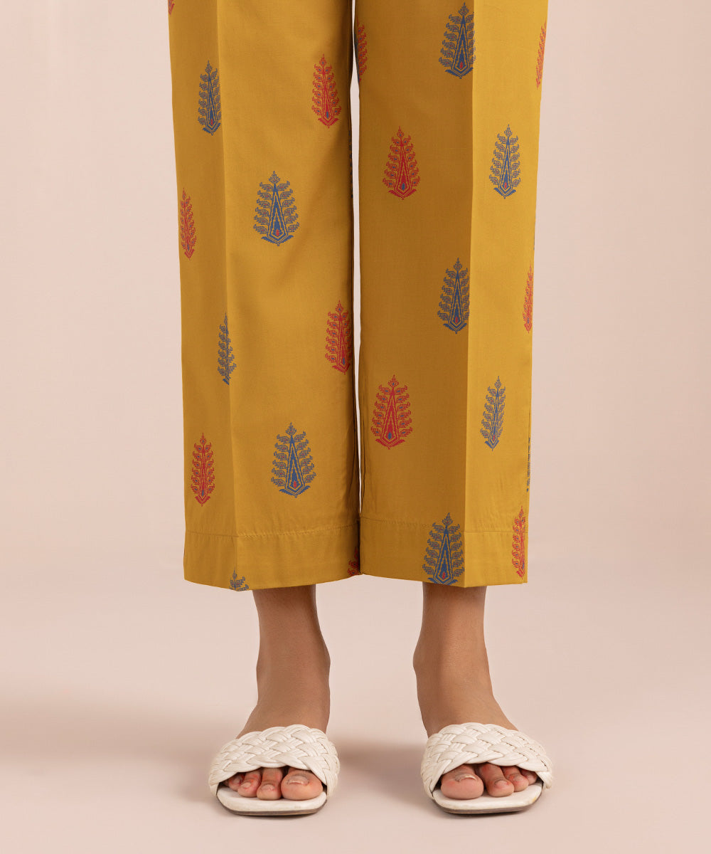 Women's Pret Cambric Yellow Printed Straight Pants