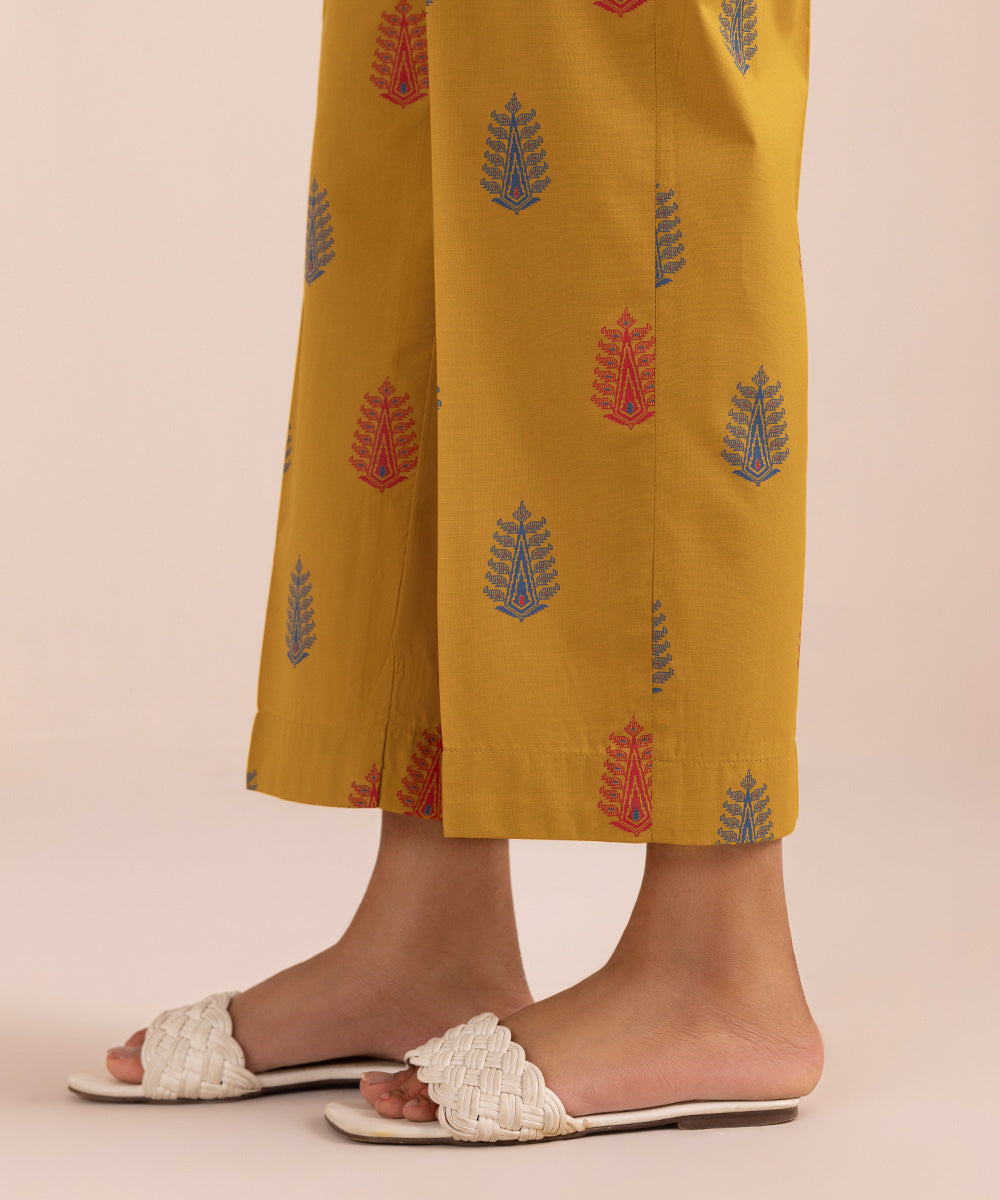 Women's Pret Cambric Yellow Printed Straight Pants