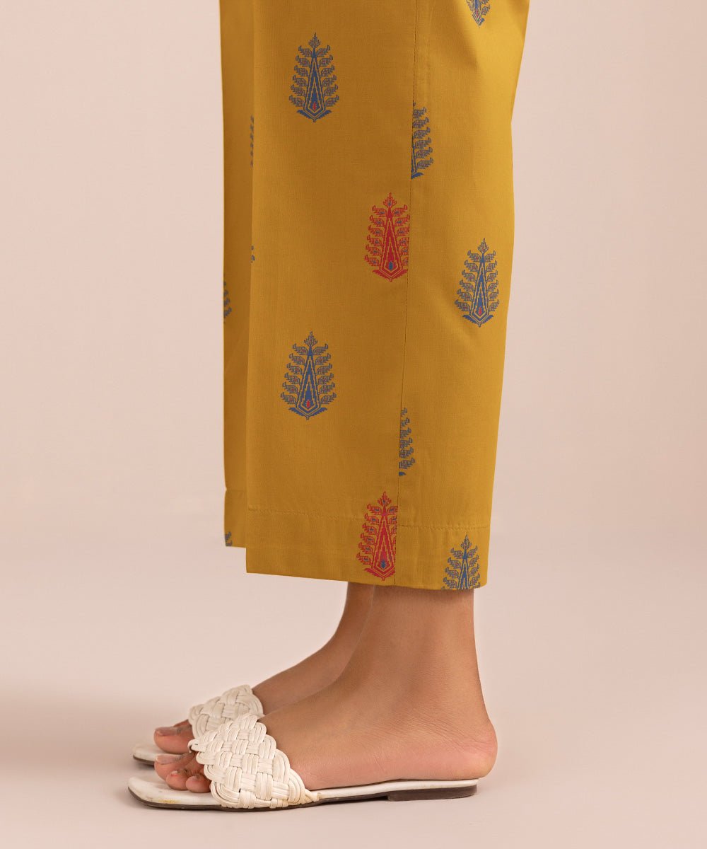 Women's Pret Cambric Yellow Printed Straight Pants