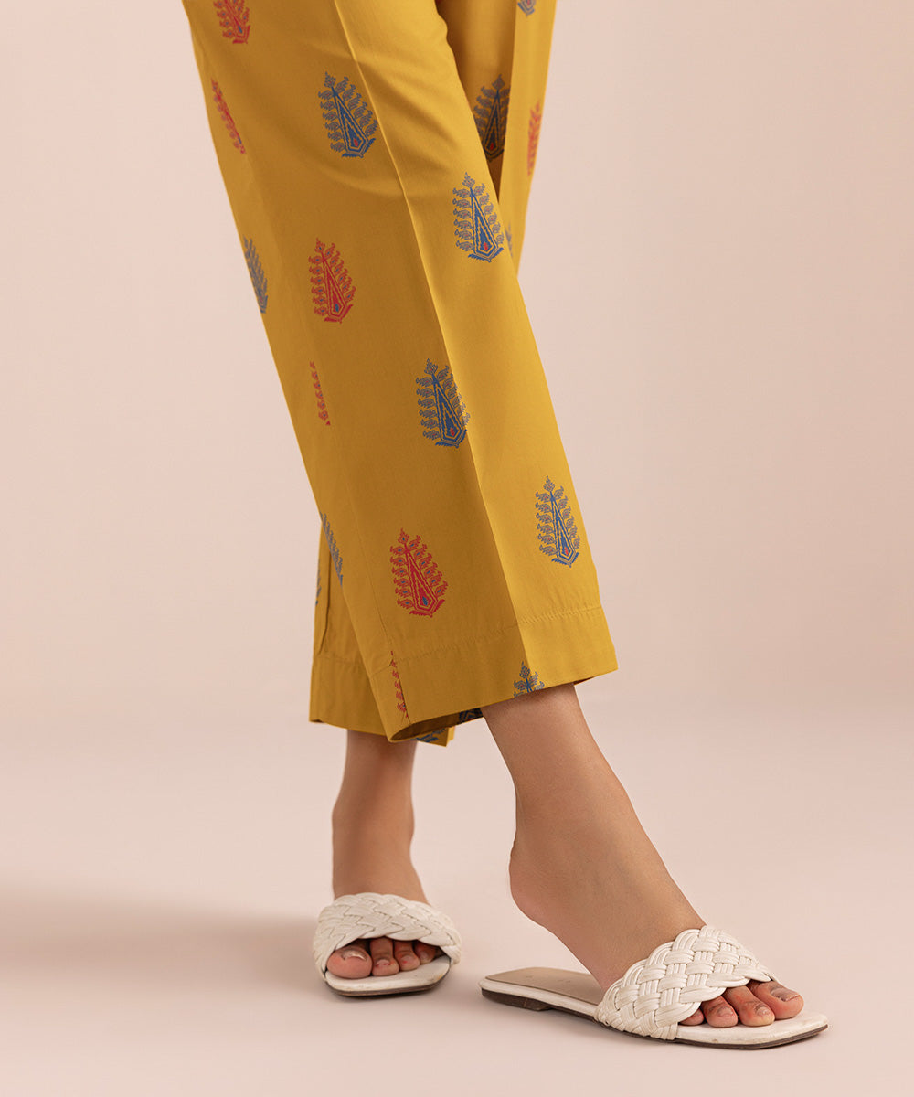 Women's Pret Cambric Yellow Printed Straight Pants