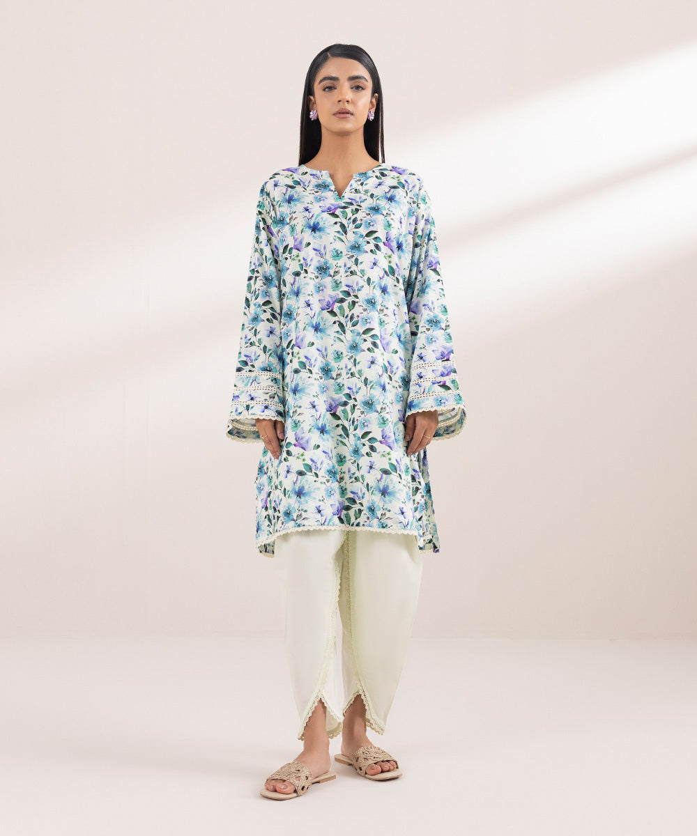 Women's Pret Textured Lawn Printed Blue Boxy Shirt