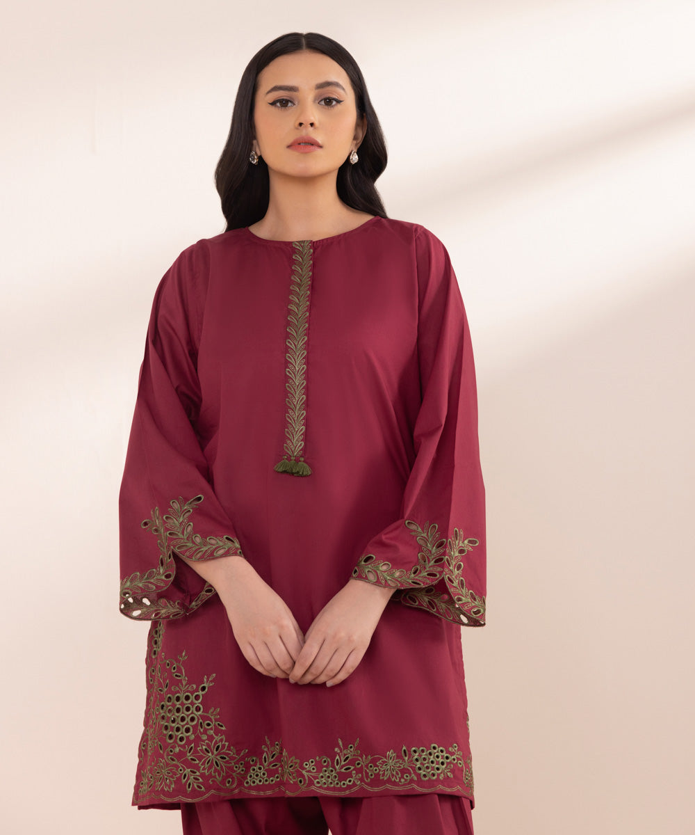 Women's Pret Lawn Embroidered Deep Red A-Line Shirt