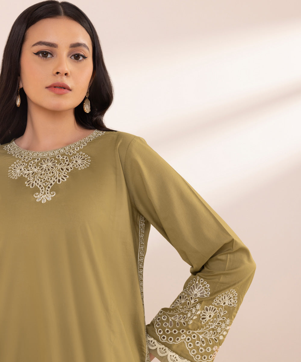 Women's Pret Lawn Embroidered Olive A-Line Shirt