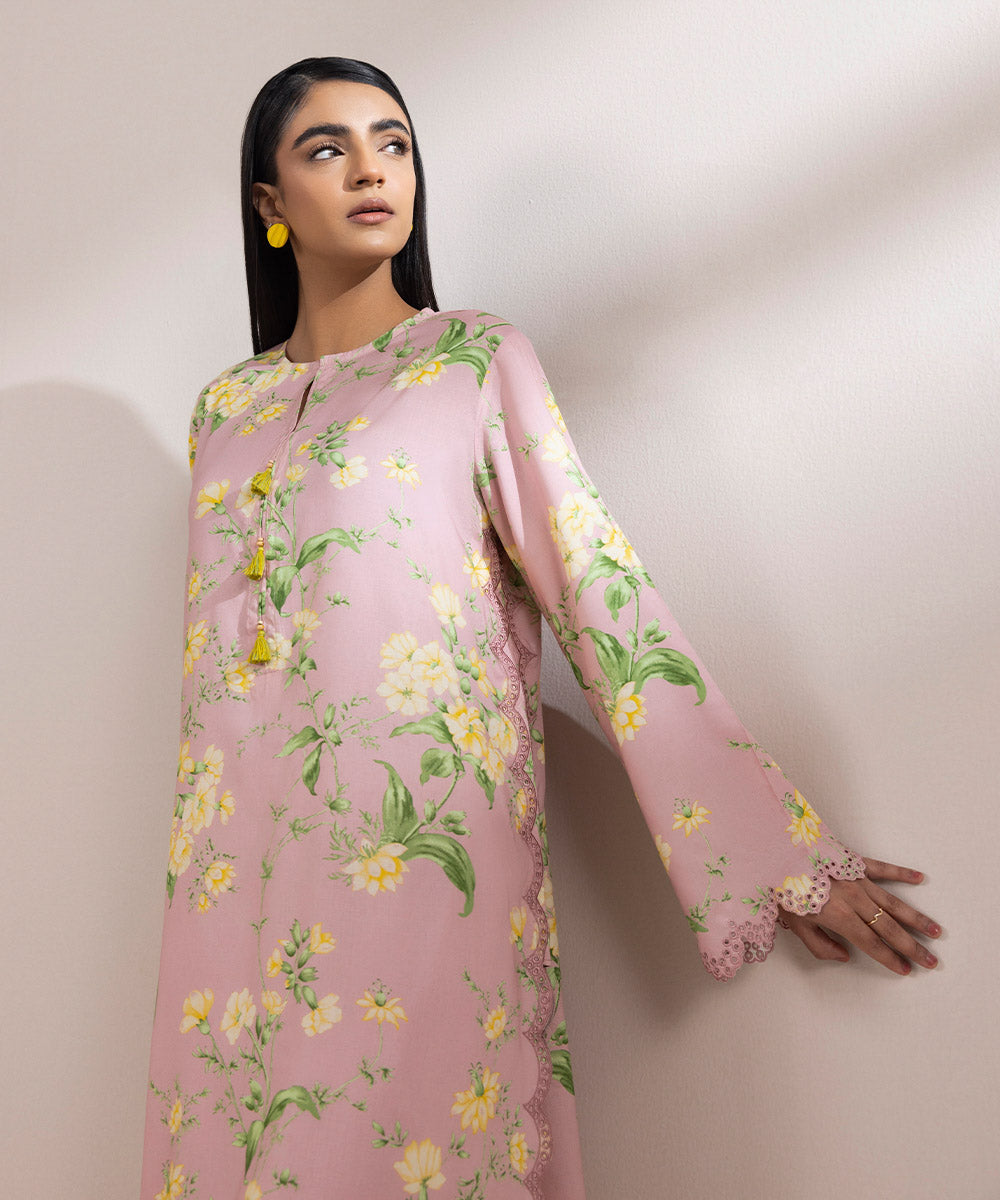 Women's Pret Arabic Lawn Printed Embroidered Pink A-Line Shirt