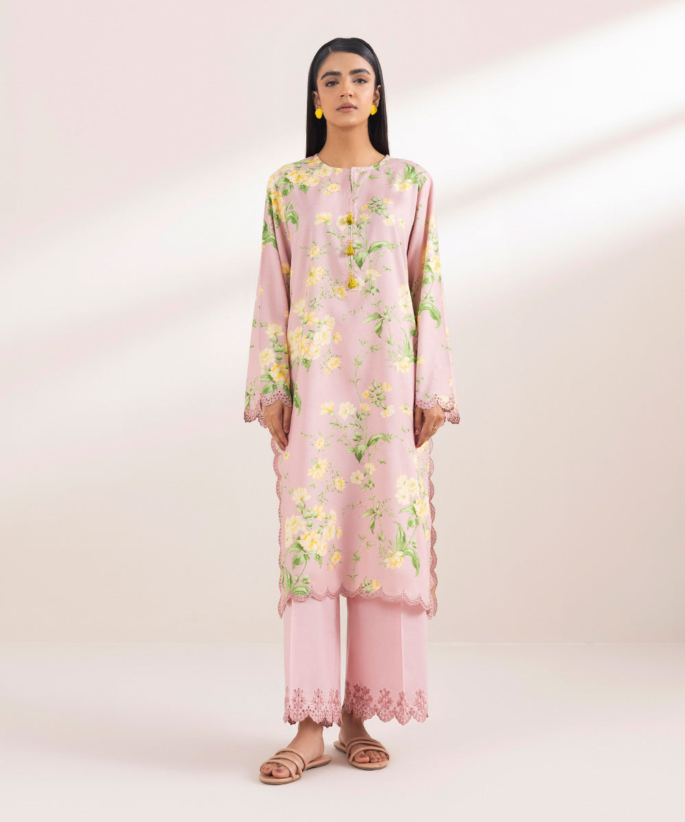 Women's Pret Arabic Lawn Printed Embroidered Pink A-Line Shirt