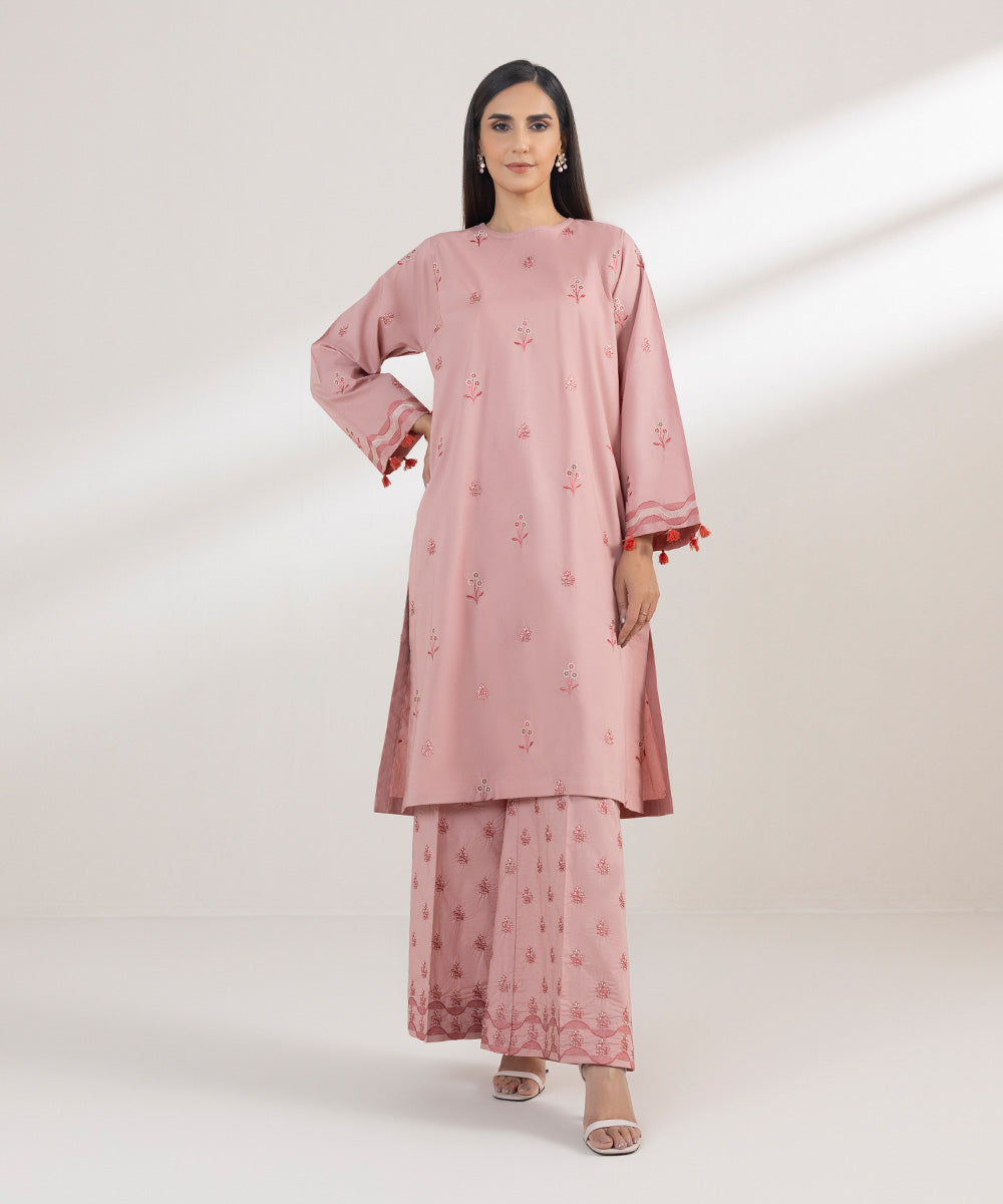 Women's Pret Poplin Embroidered Pink Straight Shirt