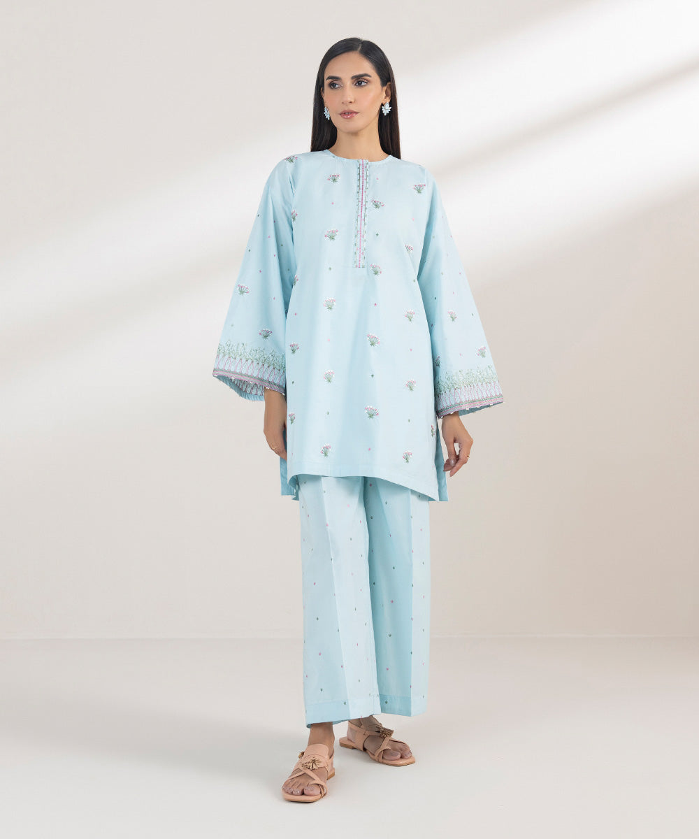 Women's Pret Poplin Embroidered Blue Boxy Shirt