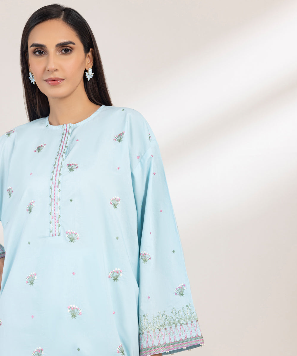 Women's Pret Poplin Embroidered Blue Boxy Shirt