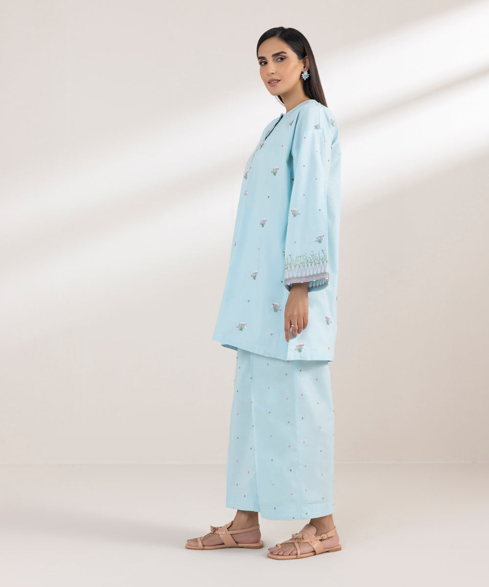 Women's Pret Poplin Embroidered Blue Boxy Shirt