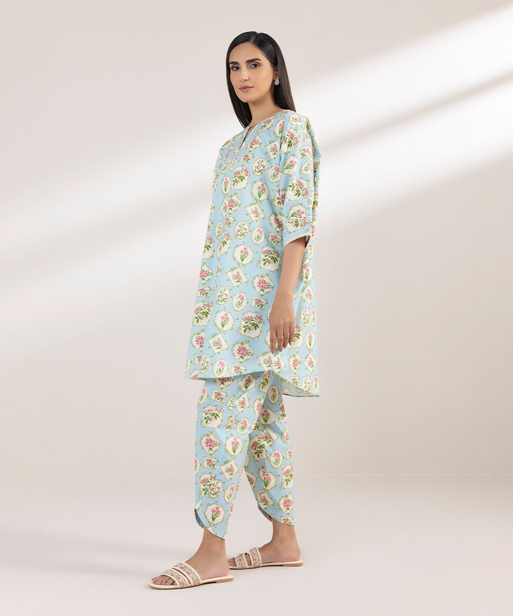 Women's Pret Poplin Printed Blue Drop Shoulder Shirt