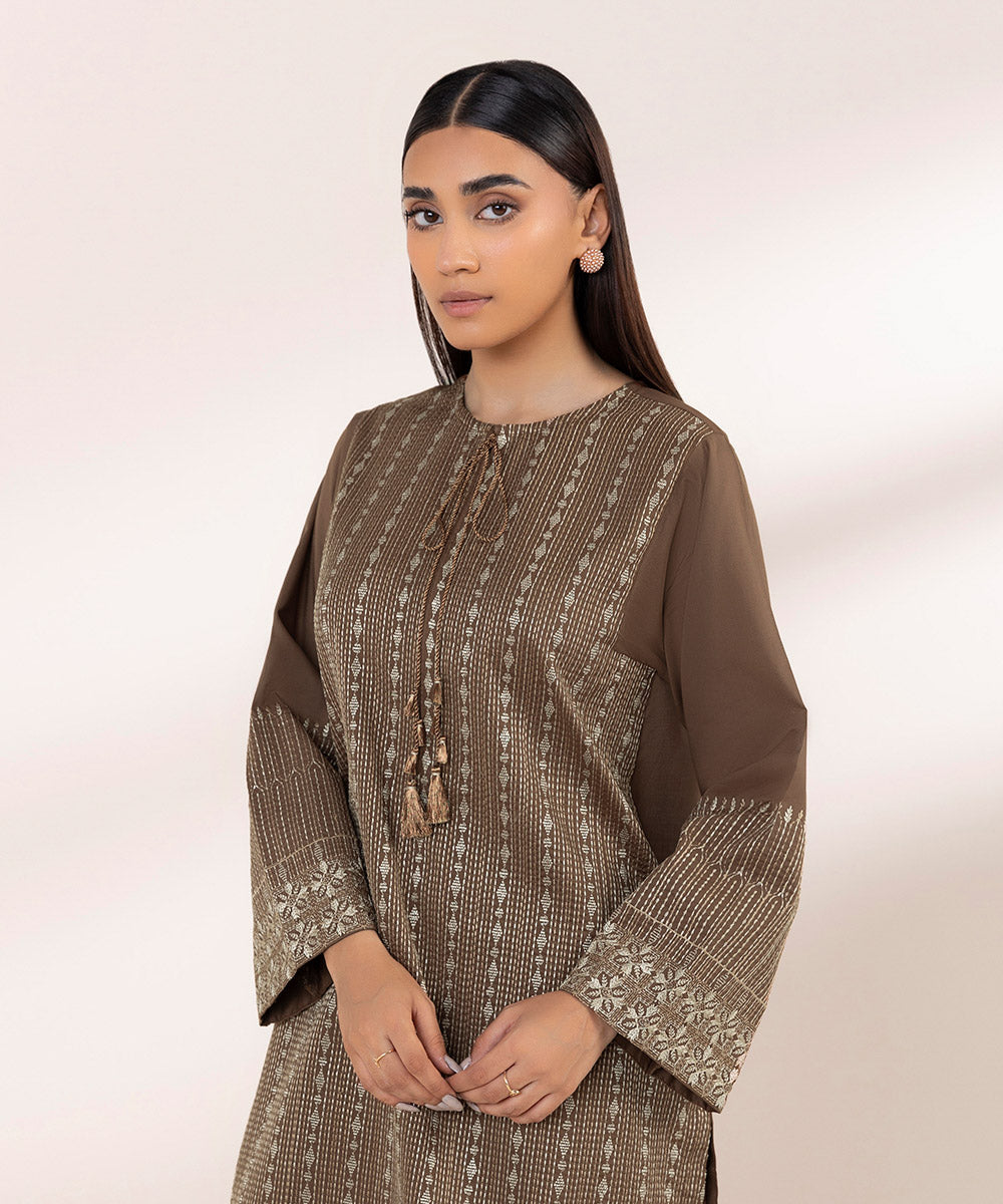 Women's Pret Lawn Embroidered Brown Boxy Shirt