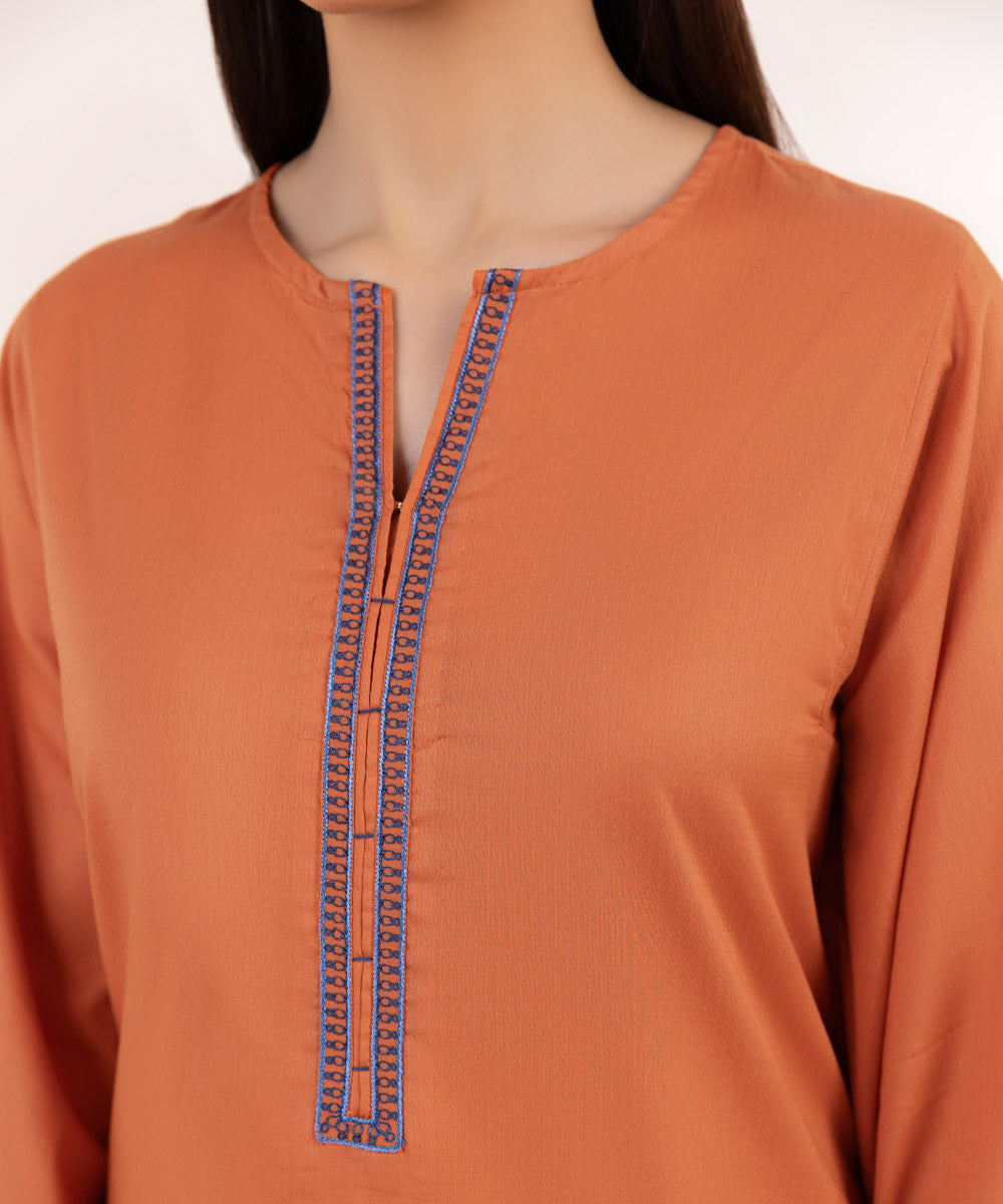 Women's Pret Dobby Embroidered Orange A-Line Shirt