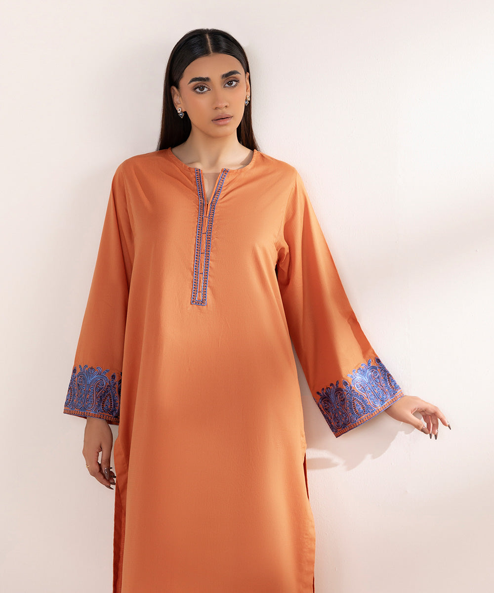 Women's Pret Dobby Embroidered Orange A-Line Shirt