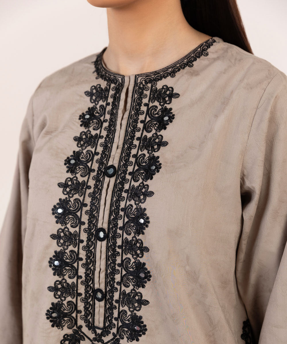 Women's Pret Cotton Jacquard Embroidered Grey A-Line Shirt