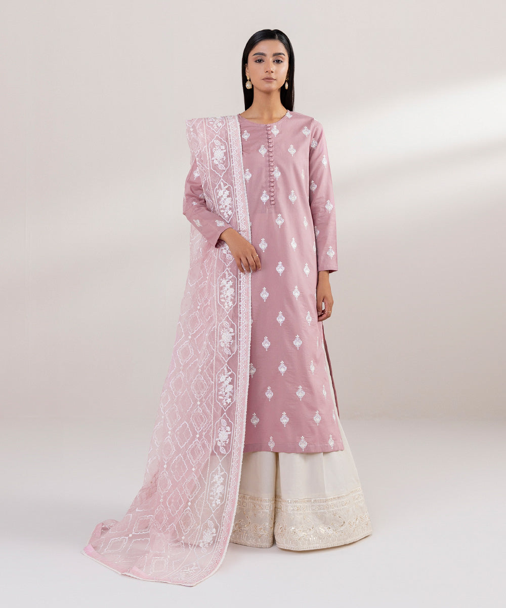 Blended Organza Pink Embroidered Dupatta