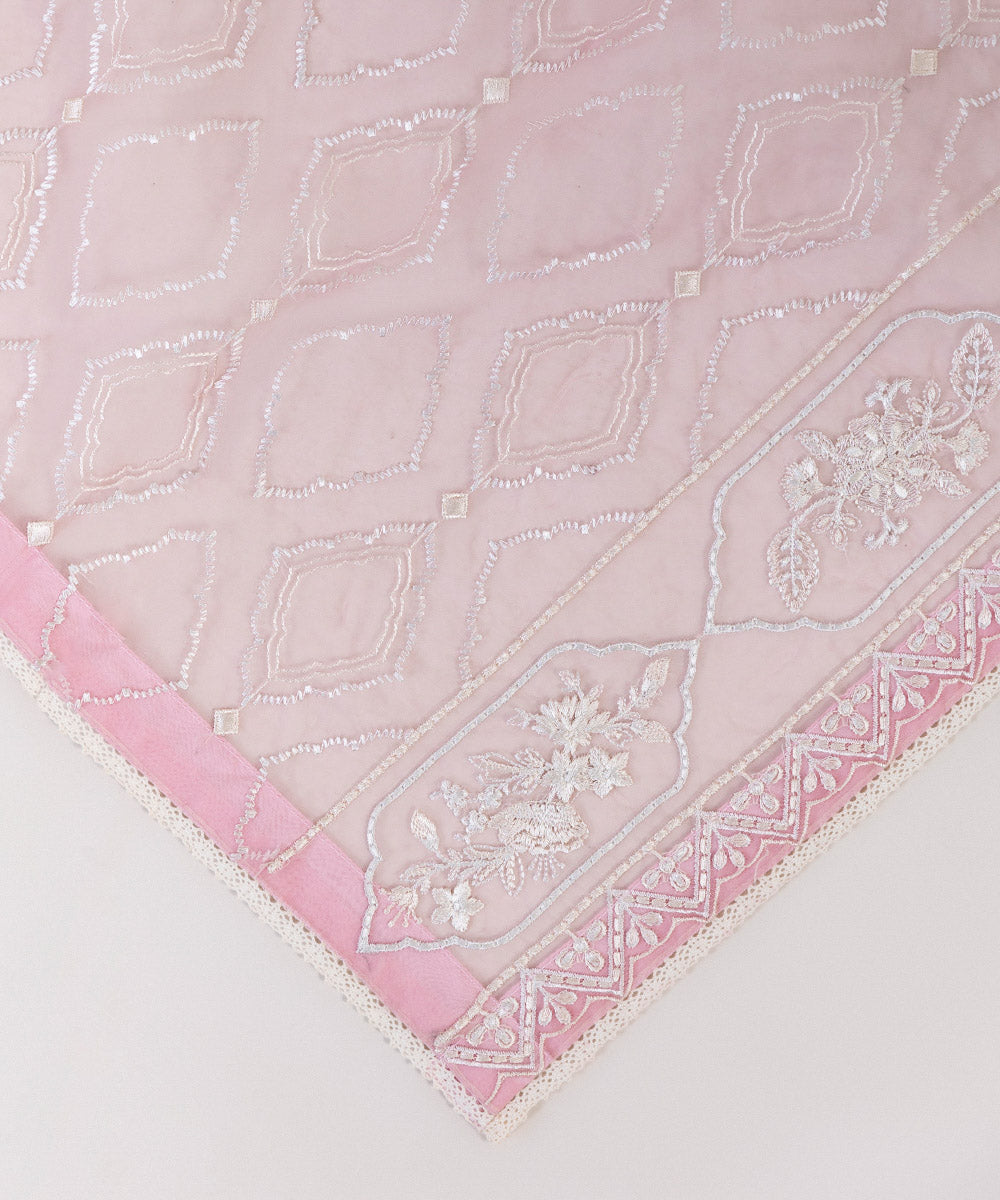 Blended Organza Pink Embroidered Dupatta