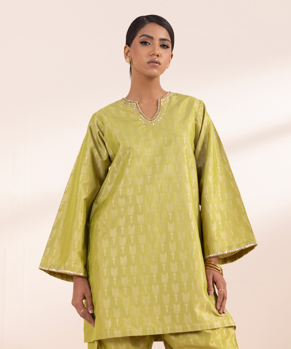 Women's Pret Fancy Jacquard Dyed Green Boxy Shirt