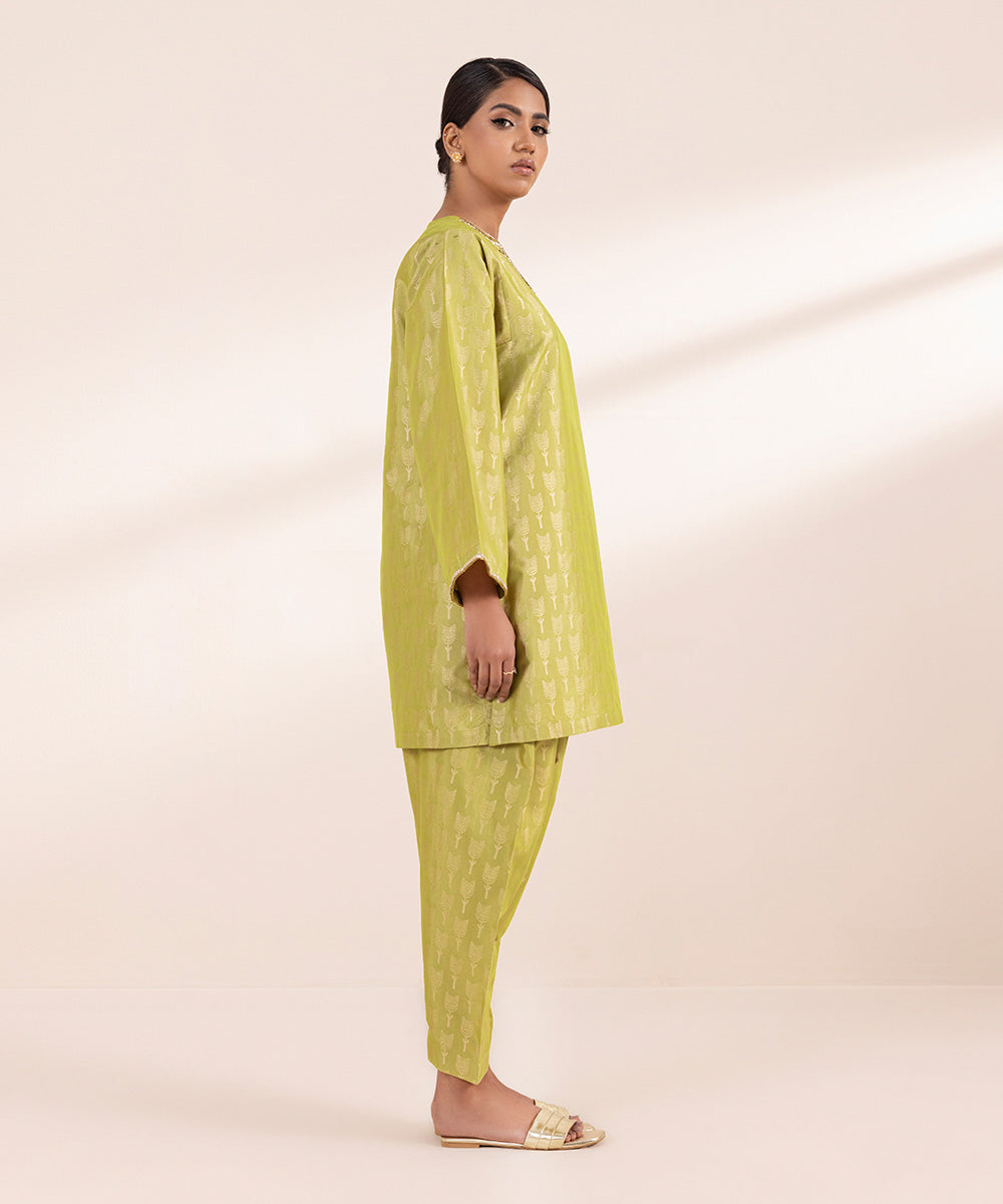 Women's Pret Fancy Jacquard Dyed Green Boxy Shirt