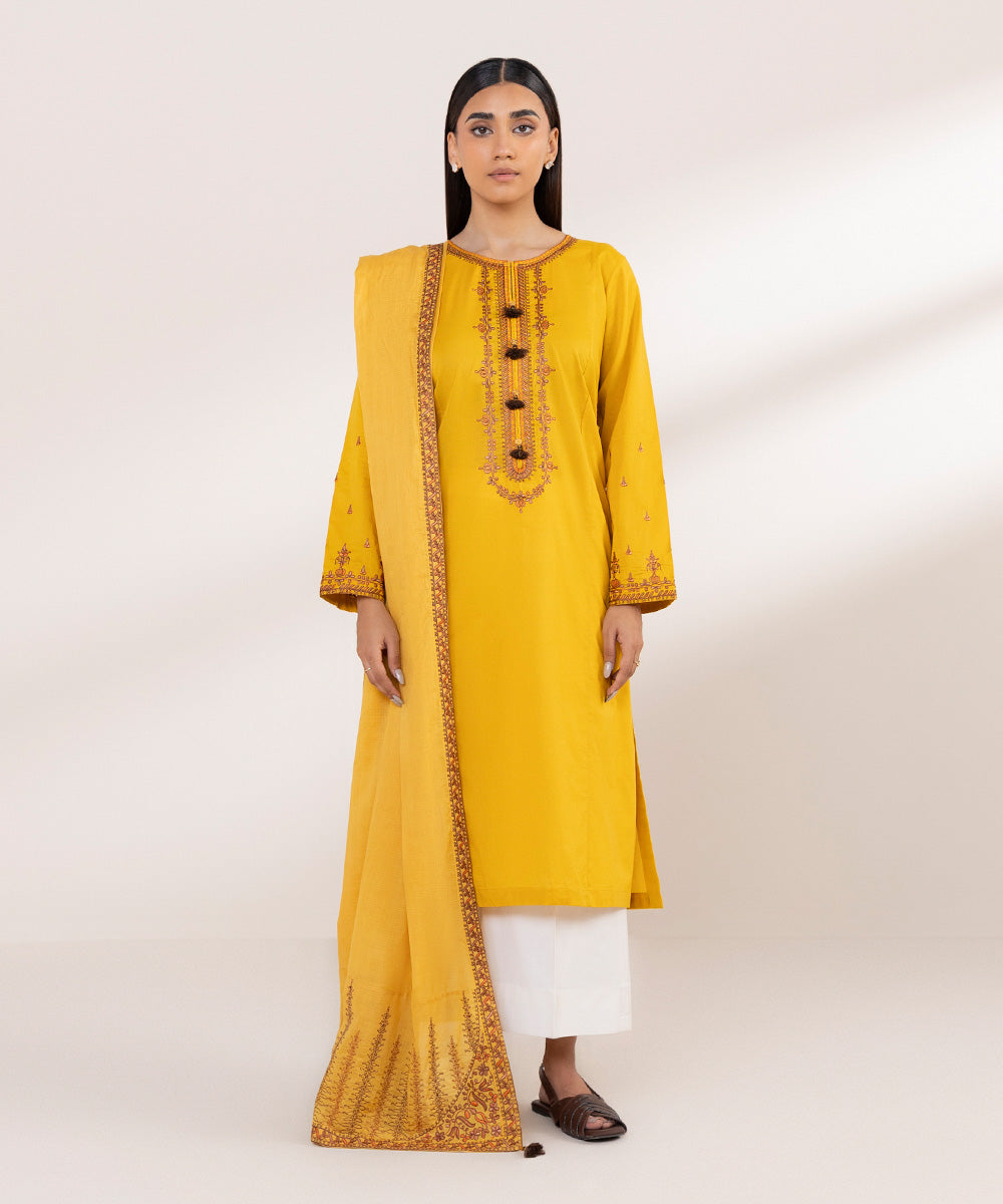 Textured Voile Yellow Embroidered Dupatta