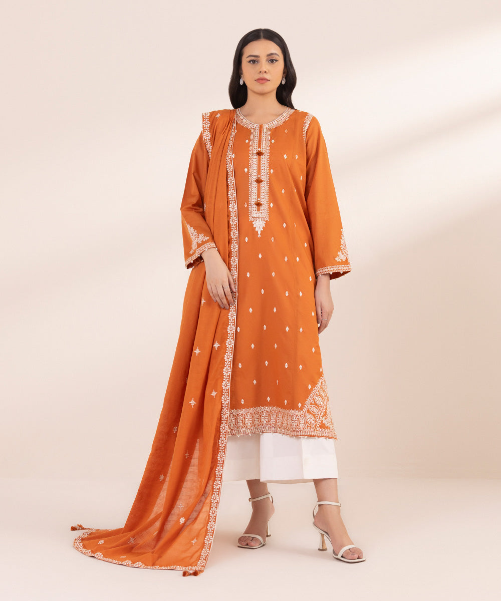 Women's Textured Voile Burnt Orange Solid Embroidered Dupatta