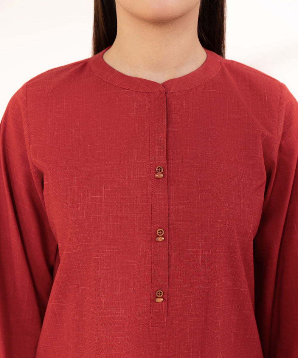 Women's Pret Textured Cotton Red Solid Straight Shirt