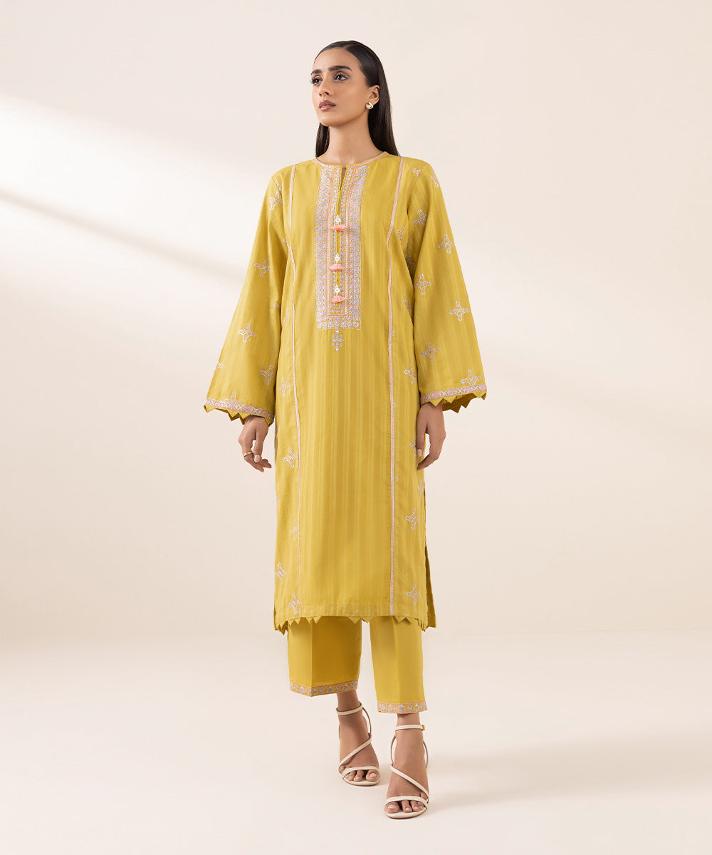 Women's Pret Dobby Yellow Embroidered Straight Shirt