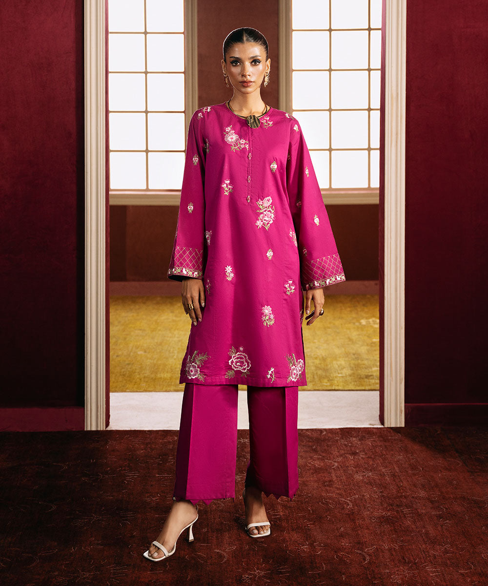 Women's Pret Cambric Embroidered Pink Boxy Shirt