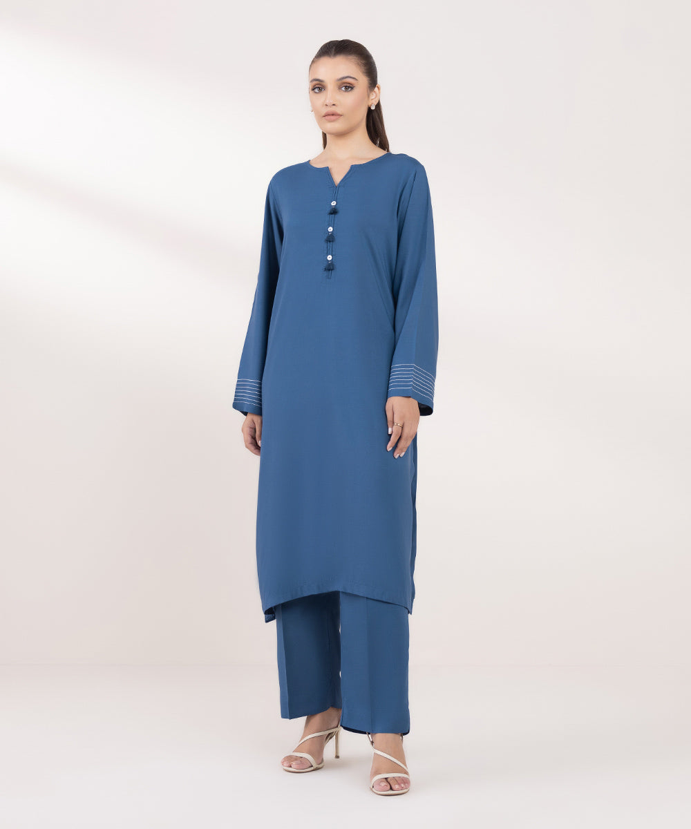 Women's Pret Linen Solid Blue A-Line Shirt