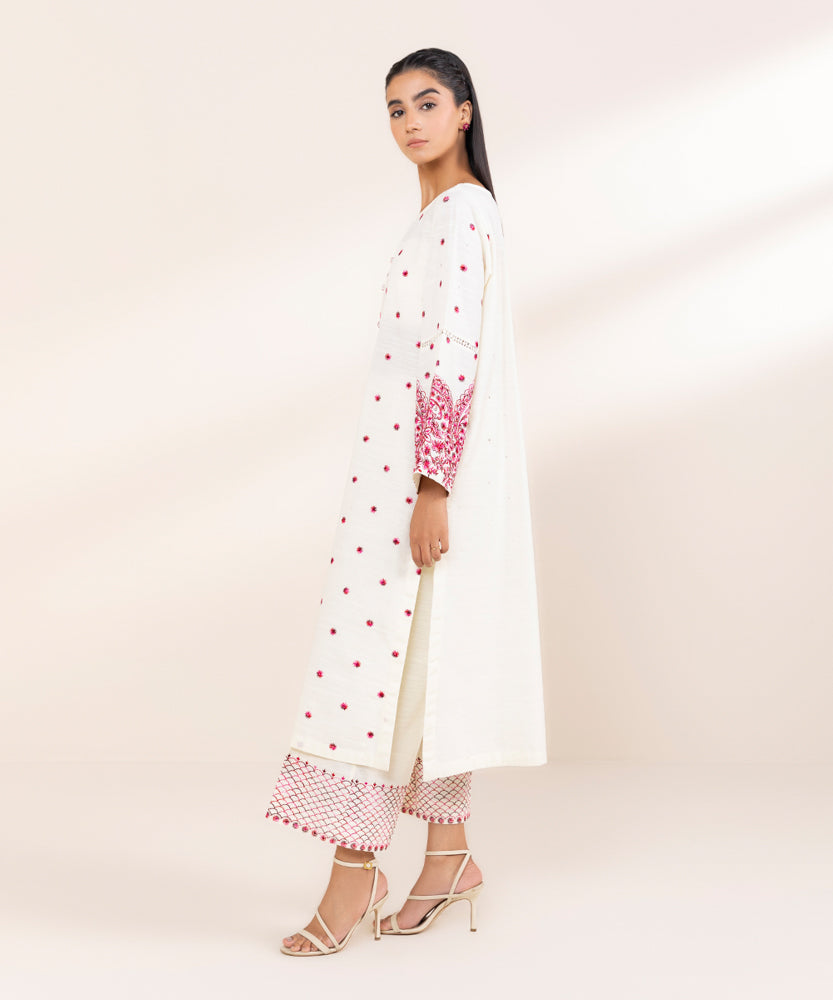 Women's Pret Beige Embroidered Khaddar Shirt