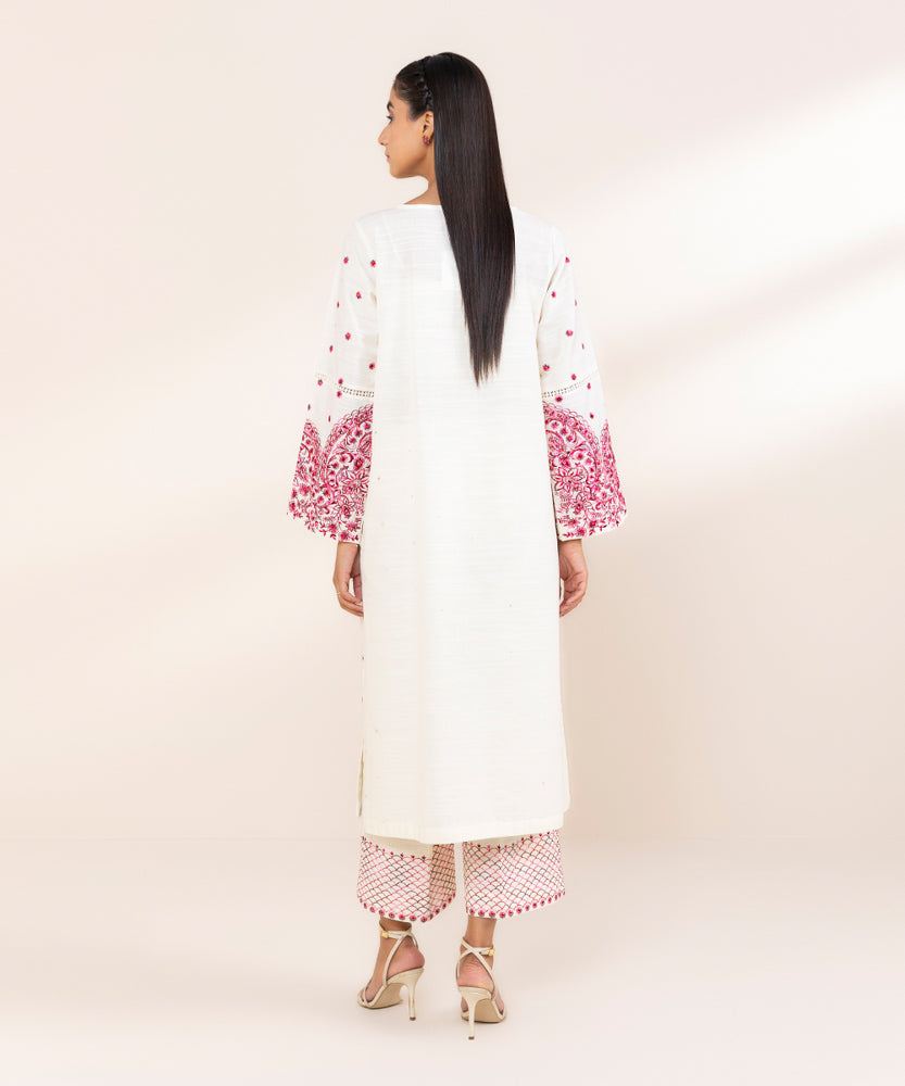 Women's Pret Beige Embroidered Khaddar Shirt