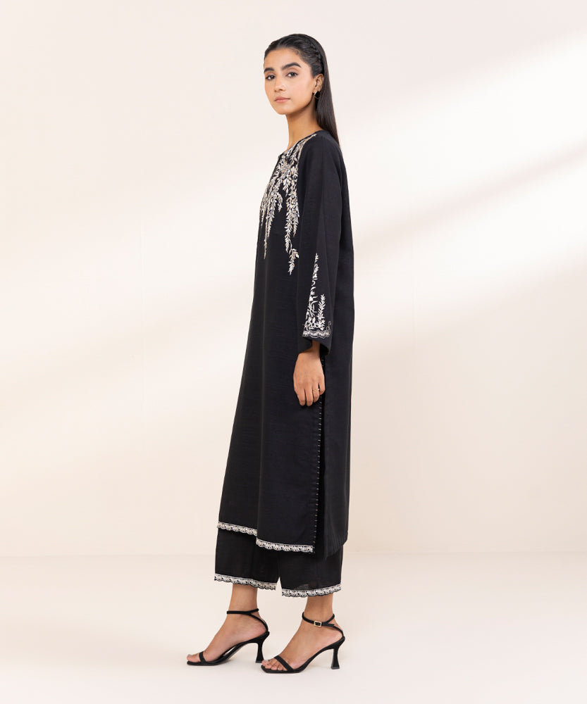 Women's Pret Black Embroidered Khaddar Shirt