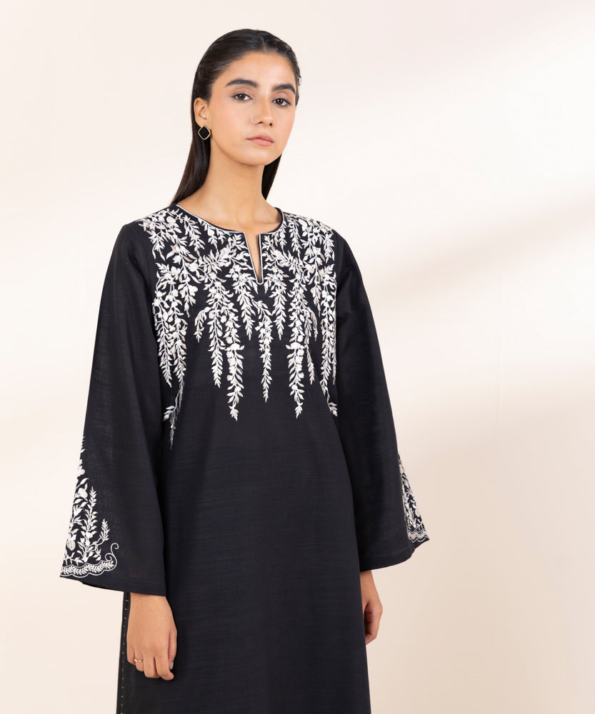 Women's Pret Black Embroidered Khaddar Shirt