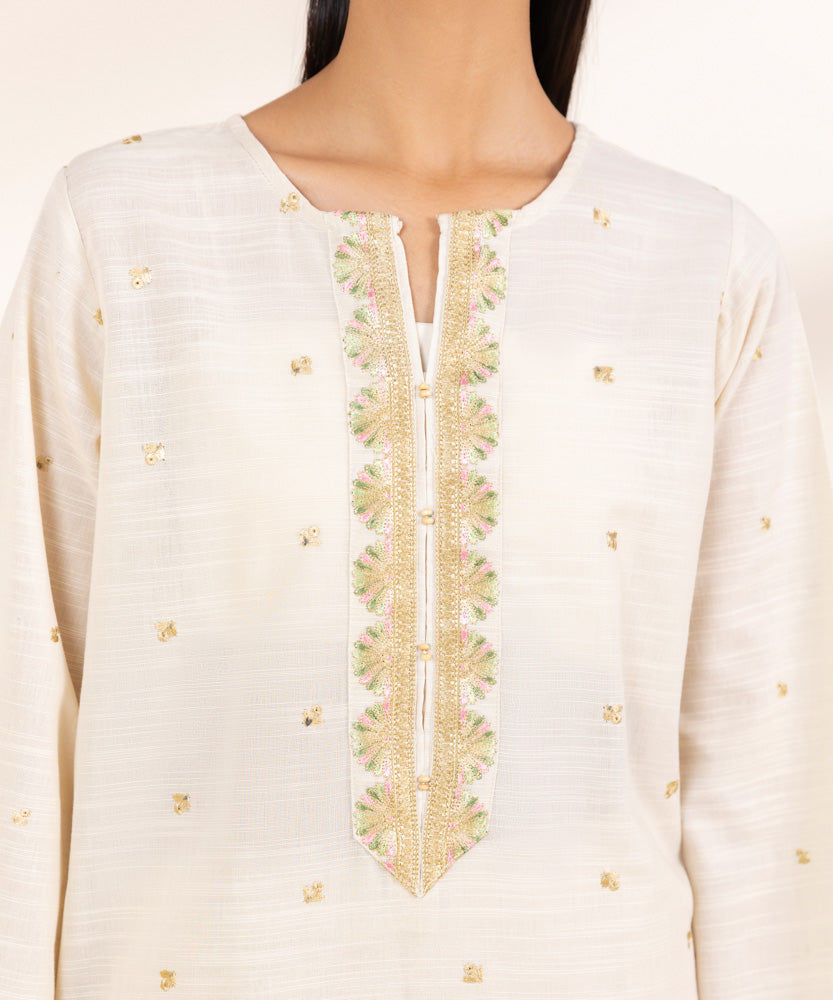 Women's Pret Light Beige Embroidered Khaddar Shirt