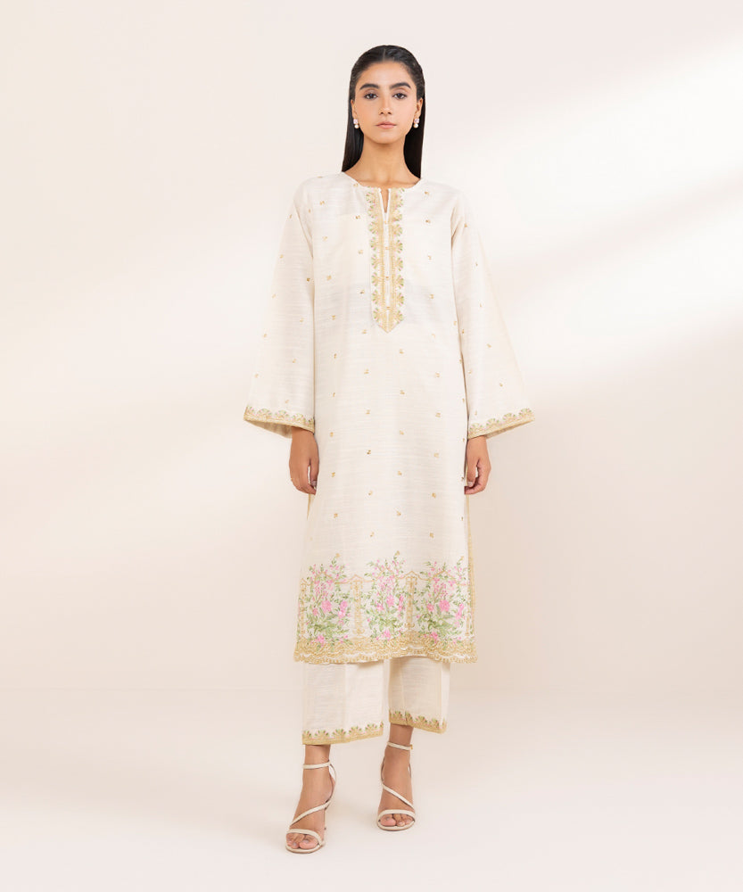 Women's Pret Light Beige Embroidered Khaddar Shirt