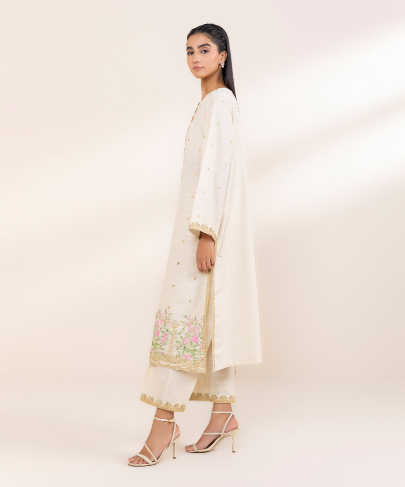 Women's Pret Light Beige Embroidered Khaddar Shirt